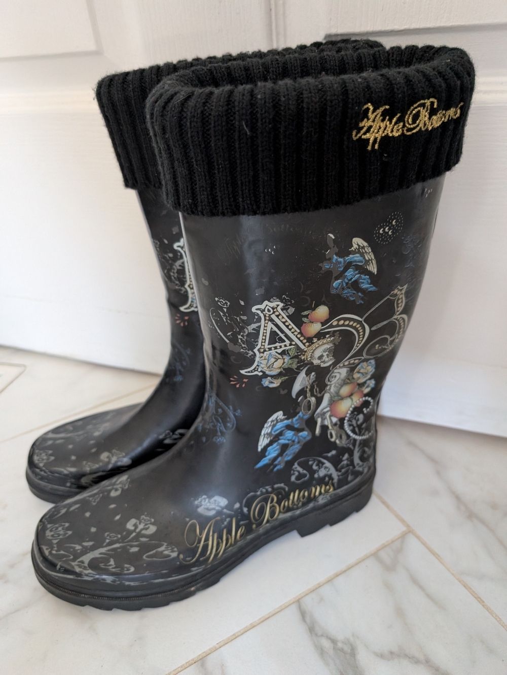 Vintage Y2K Apple Bottoms Black Graphic Goth Bikercore Rain Boots with Knit Cuff